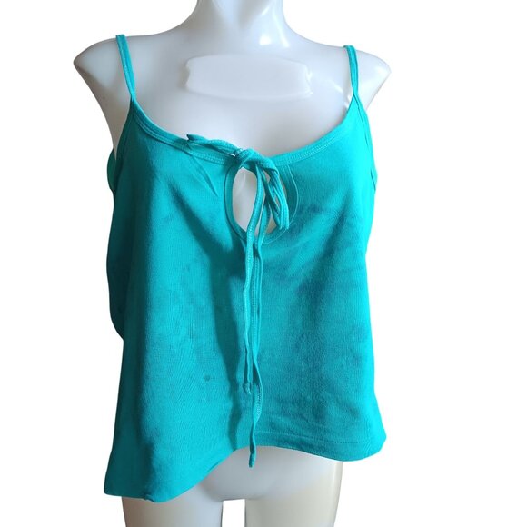 Large 1970's Single Stitch Turquoise Sleeveless Tie-Front Crop Top T-shirt - Picture 1 of 7